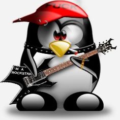 a cartoon penguin with a red hat and guitar in his hand, playing the guitar