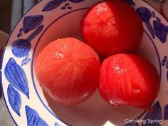 two pieces of fruit sitting on top of a blue and white plate next to each other