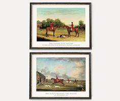 two framed pictures of horses and dogs in a field