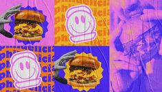 a collage of images with hands holding up a hamburger and the image of a man's face