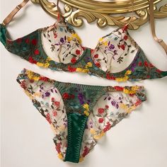 Nwt! Green Floral Bra And Panty Set. Size Large. Unlined, Underwire With Adjustable Straps On Bra And Panties. Never Been Worn Only Briefly Tried On. The Cups Were Too Small For My Chest And I Missed The Return Window. Fairy Lingerie, Flower Lingerie, Weird Style, Green Lingerie, Mini Outfit, Elegant Lingerie, Floral Lingerie, Lingerie Brands, Lace Bra Set