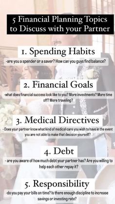 a poster with the words 5 financial planning topics to discuss with your partner