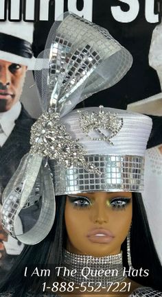 "Shop I Am The Queen white church hats with silver crown embellishments. Cogic Hats, Donna Suits, White Church Hats, Bride Hats, Unusual Hats, I Am The Queen, Special Occasion Hats, Church Lady Hats, Queen Hat