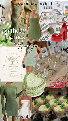 there is a collage of photos with women in green dresses and cake on the table