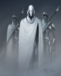 three knights standing in front of a dark background with one holding two swords and the other wearing a white cloak