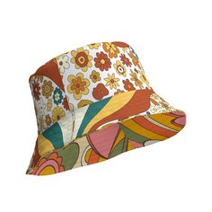 Be the life of the party with this 70s Retro Sunshine Mid Century Modern Hippie, Orange, Yellow Reversible Bucket Hat! Reminiscent of the carefree summer days and bohemian style of the 70's, this go-to hat is custom made and tailored to fit This stylish two-in-one design combines mid century modern vintage florals in a classic burnt orange, green and yellow hues, perfect for any boho wardrobe. Crafted from moisture-wicking and breathable fabric, it has a linen feel that's sure to keep you cool d Adjustable Retro Summer Hat, Trendy Hats For Spring Music Festival, Retro Summer Festival Hats, Bohemian Hats For Spring Picnic, Bohemian Spring Hats For Picnic, Retro Sun Hat For Summer Festival, Retro White Sun Hat For Beach, Retro White Sun Hat For The Beach, Hippie Spring Hats Adjustable Fit