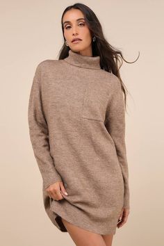 Prepare to be the cutest (and warmest) babe of the season in the Lulus Positively Charming Heather Brown Turtleneck Mini Sweater Dress! Soft brushed sweater knit (with a subtle heathered effect) shapes this cozy dress that features a chic turtleneck framed by long sleeves with drop shoulders. The relaxed, shift silhouette boasts a front patch pocket before it falls to a cute mini hem that pairs perfectly with your favorite knee-high boots. Ribbed knit accents the neckline, cuffs, and hem. Fit: This garment fits true to size. Length: Mid-thigh. Size medium measures 32.5" from shoulder to hem. Bust: Great for any cup size. Waist: Not Fitted - comfortable room throughout midsection. Hip: Not Fitted - room for hips. Undergarments: May be worn with any standard bra. Fabric: Fabric is very stret Brown Turtleneck, Brown Sweater Dress, Mini Sweater, Cozy Dress, Heather Brown, Comfortable Room, Mini Sweater Dress, Mini Dress Casual, Brown Sweater