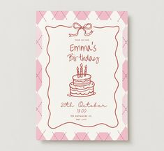 a pink and white birthday card with a cake on it's side, in the middle