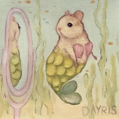 a painting of a hamster in the water with its tail curled up and some algae surrounding it