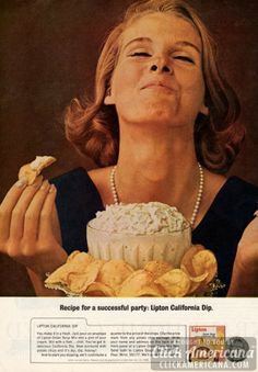 a woman holding a cake and chips in front of her face with the caption, recipe for a successful party upon california dip