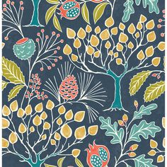 an image of a wallpaper with flowers and leaves on dark blue background, which is very similar to the pattern used in this painting