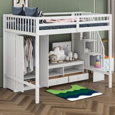 a white bunk bed sitting on top of a hard wood floor next to a green wall