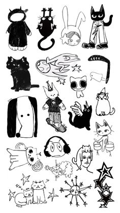 some black and white drawings with cats on them