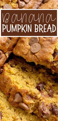 pumpkin bread with chocolate chips on top and text overlay that reads vegan pumpkin bread