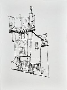 a black and white drawing of a building with two stories on the top, one story below