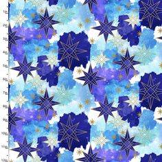 a blue and white background with gold stars on the bottom, in shades of purple