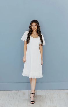 Bianca eggshell lace modest midi dress Chic Lace Midi Dress With Square Neck, Flowy Lace Midi Dress, Flowy Midi Lace Dress, Casual Lace Midi Length Dress, Cream Lace Midi Dress For Wedding, Modest Mid-length Ruffled Dress, Feminine Cream Midi Dress For Casual Wear, Casual Lace Midi Dress, Lace Trim Midi Dress For Brunch