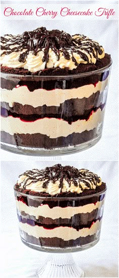 chocolate cherry cheesecake trifle in a glass dish