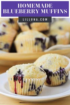 blueberry muffins on a plate with the words homemade blueberry muffins