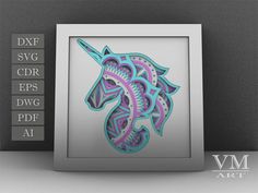 an image of a unicorn head in blue and purple on a white background with the words dxf svg cdr eps dwg