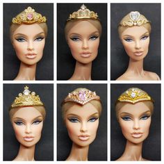 six photos of barbie dolls wearing tiaras