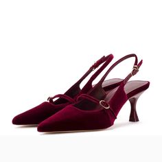 Pointed Toe Kitten Heels, Event Shoes, Heels Slingback, Velvet Heels, Burgundy Velvet, Prom Shoes, Buckle Sandals