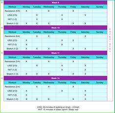 the schedule for this week's workouts is shown in purple and blue colors