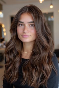 Woman with long wavy brown hair wearing a black top, indoors. Hazelnut Brown Hair Highlights, Brown Medium Hairstyles, Brunette Hair Before And After, Warmer Brown Hair, Brunette Hair Color No Highlights, Dimensional Brunette Chocolate Brown, Balayage Hair Brown Dark, Chocolate Low Lights Hair Brunettes, Naturally Curly Brunette Hair With Highlights