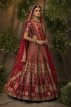 a woman in a red and gold bridal gown standing with her hands on her hips