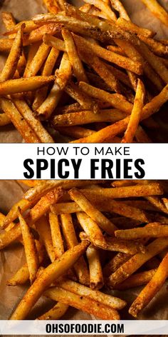 Text reads Homemade Cajun Fries Recipe:  Oven or Air Fryer Spicy Fry Seasoning, Spicy French Fries Recipes, Easy Spicy Snacks To Make, Spicy Fries Recipe, Spicy French Fries, Voodoo Fries Recipe, Beef Tallow Fries, Seasoned Fries Recipe Spices