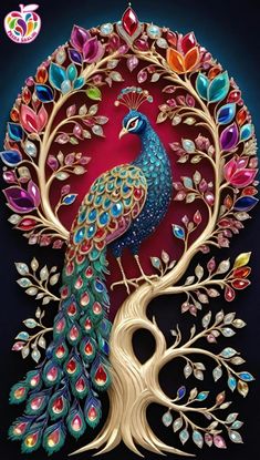 a painting of a peacock sitting on top of a tree with colorful leaves and branches