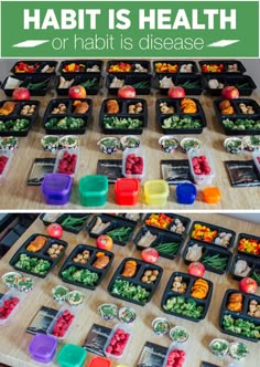 a table topped with plastic containers filled with fruits and vegetables on top of wooden tables