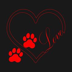 a heart with paw prints and the word love written in red on a black background