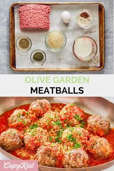 an image of some meatballs in a pan with sauce and seasonings on the side