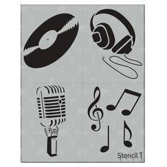 the stencil sheet has music and microphones on it