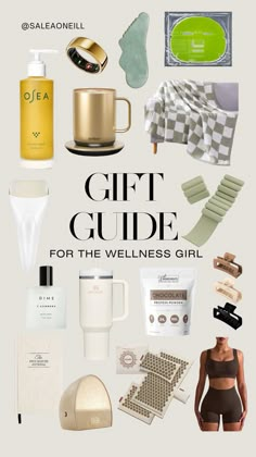 the gift guide for the well - being girl is shown in white and gold colors