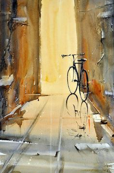 a watercolor painting of a bike parked in an alley between two stone pillars with light coming through the doorway