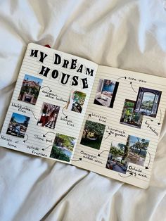 an open notebook with pictures and words written in it on top of a white sheet