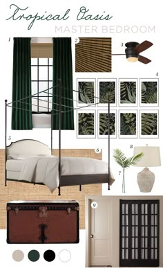 a bedroom with green curtains and pictures on the wall, including a bed, closets,