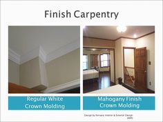 three different types of crown molding in an empty room with the words finish carpentry and regular white crown molding