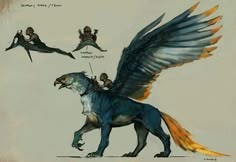 an animal with wings and two people riding on it