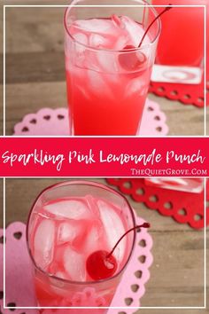 sparkling pink lemonade punch with ice and cherries