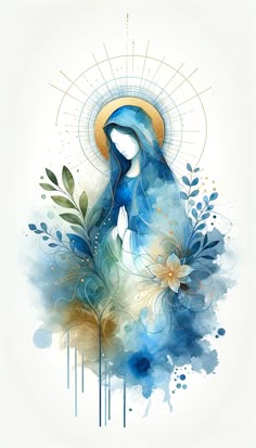 the virgin mary is surrounded by blue flowers and greenery on a white background with watercolor splashes