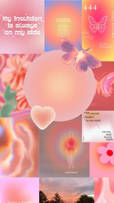 a collage of images with different colors and shapes, including pinks, oranges,