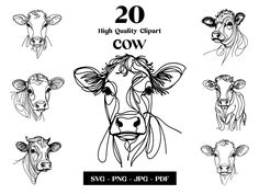 20 high quality clipart cows with different facial expressions for each cow's face