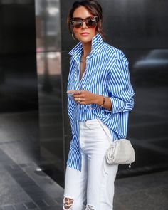 Pinstripe Shirt Outfit Casual, How To Wear Blue Striped Shirt, Stripped Blouse Outfits, Blue And White Striped T Shirt Outfit, White Jeans Blue Shirt Outfit, Striped Shirt And Jeans Outfit, Blue And White Striped Cardigan Outfit, Blue And White Pinstripe Shirt Outfits, Blue And White Blouse Outfit