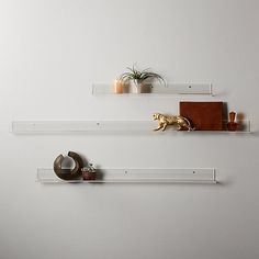 two white shelves with plants and other items on them, one shelf has a planter