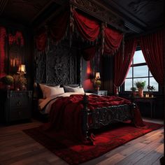 a large bed sitting under a window next to a red rug on top of a wooden floor