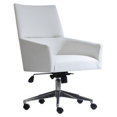 a white office chair with wheels and casteors on an isolated white background, viewed from the front