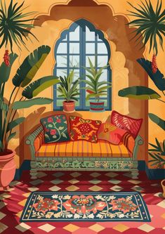 a painting of a living room with plants and rugs on the floor in front of an open window